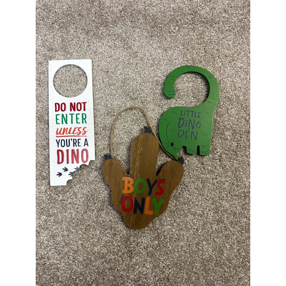 Dinosaur Kids Room Decor Set Boys Only Footprint Sign & Dino Den Door Hangers
